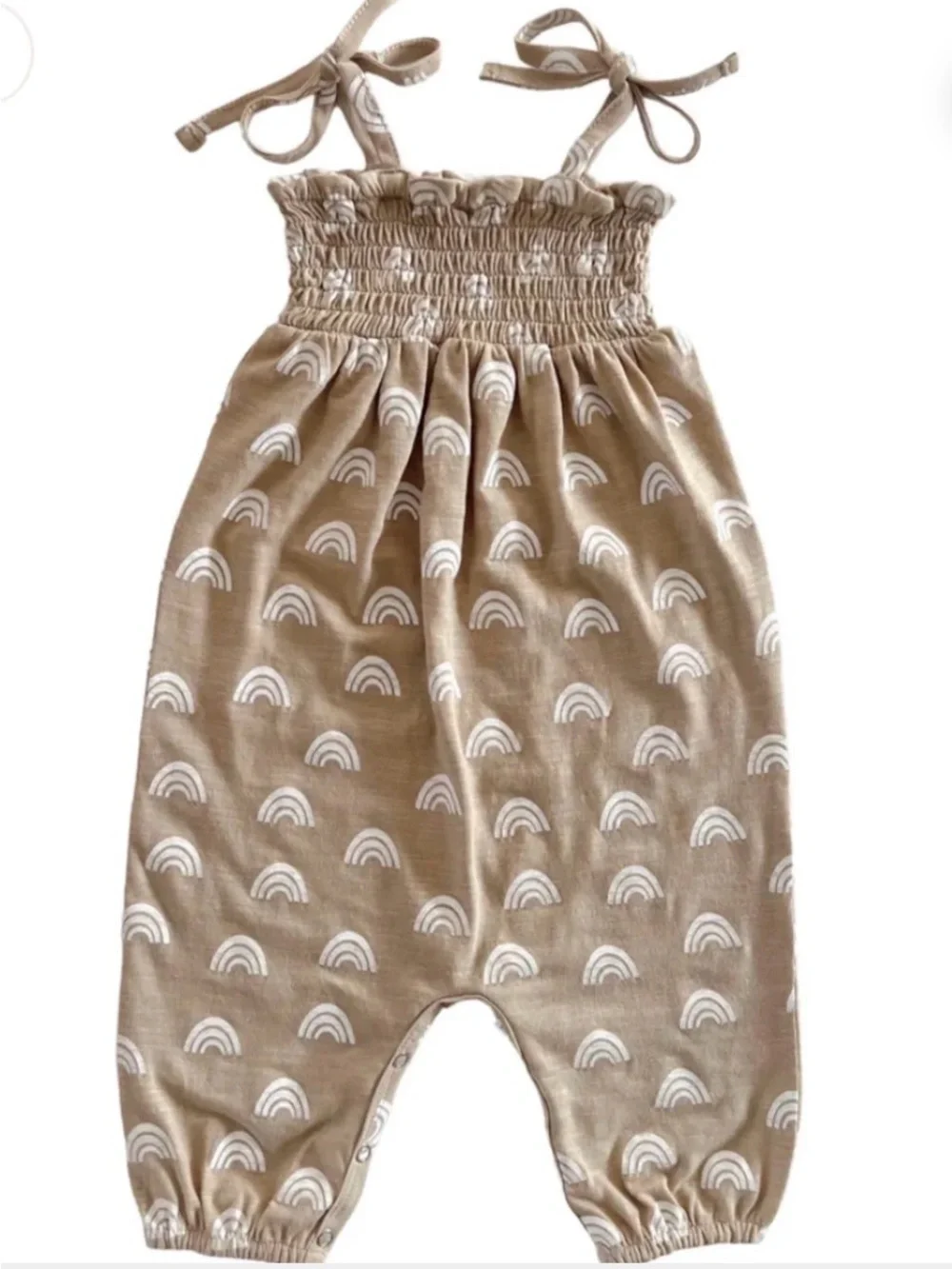 Kids Smocked Strap One-Piece Romper in Beige with White Rainbows